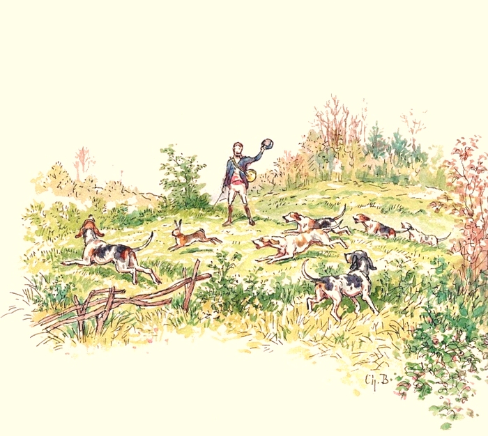 Illustration tirée de l'ouvrage Les Chiens courants français pour la chasse du lièvre (1866) - E. de Vézins - Forestié (Montauban)